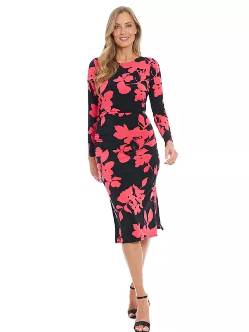 London Times Plus Size 18W Black Pink Floral Ruched Midi Dress Career Cocktail